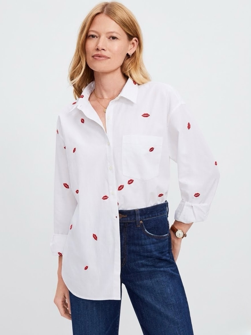 LOFT Red Lip Print White Button-Down Everyday Shirt Size M P